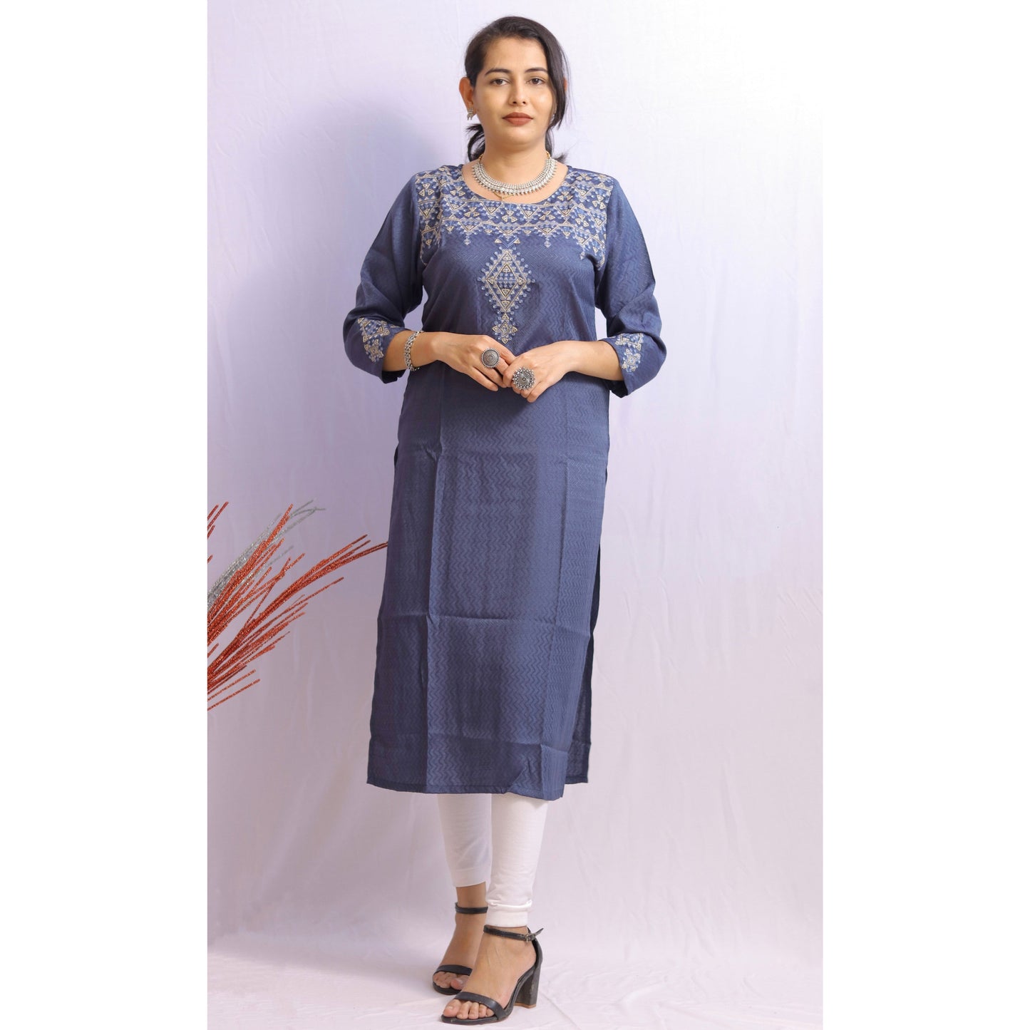 Blue Grey Embroidered Kurti