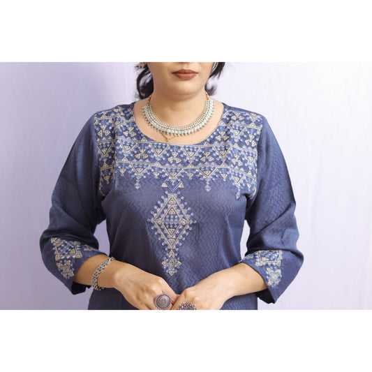 Blue Grey Embroidered Kurti
