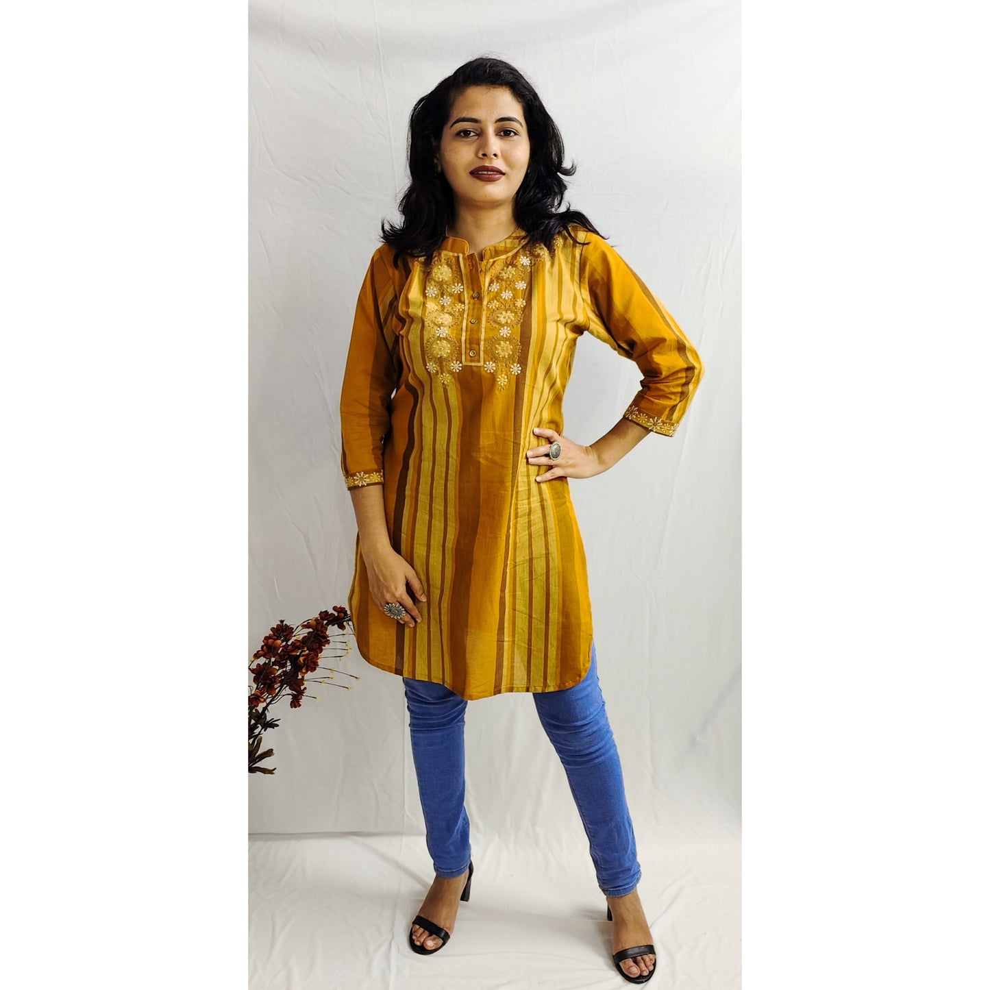 Mustard Embroidered Short Kurti