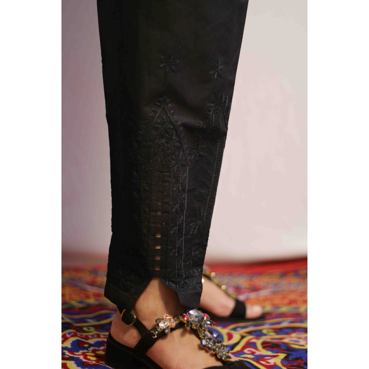 Black Side Cut Embroidered Pant