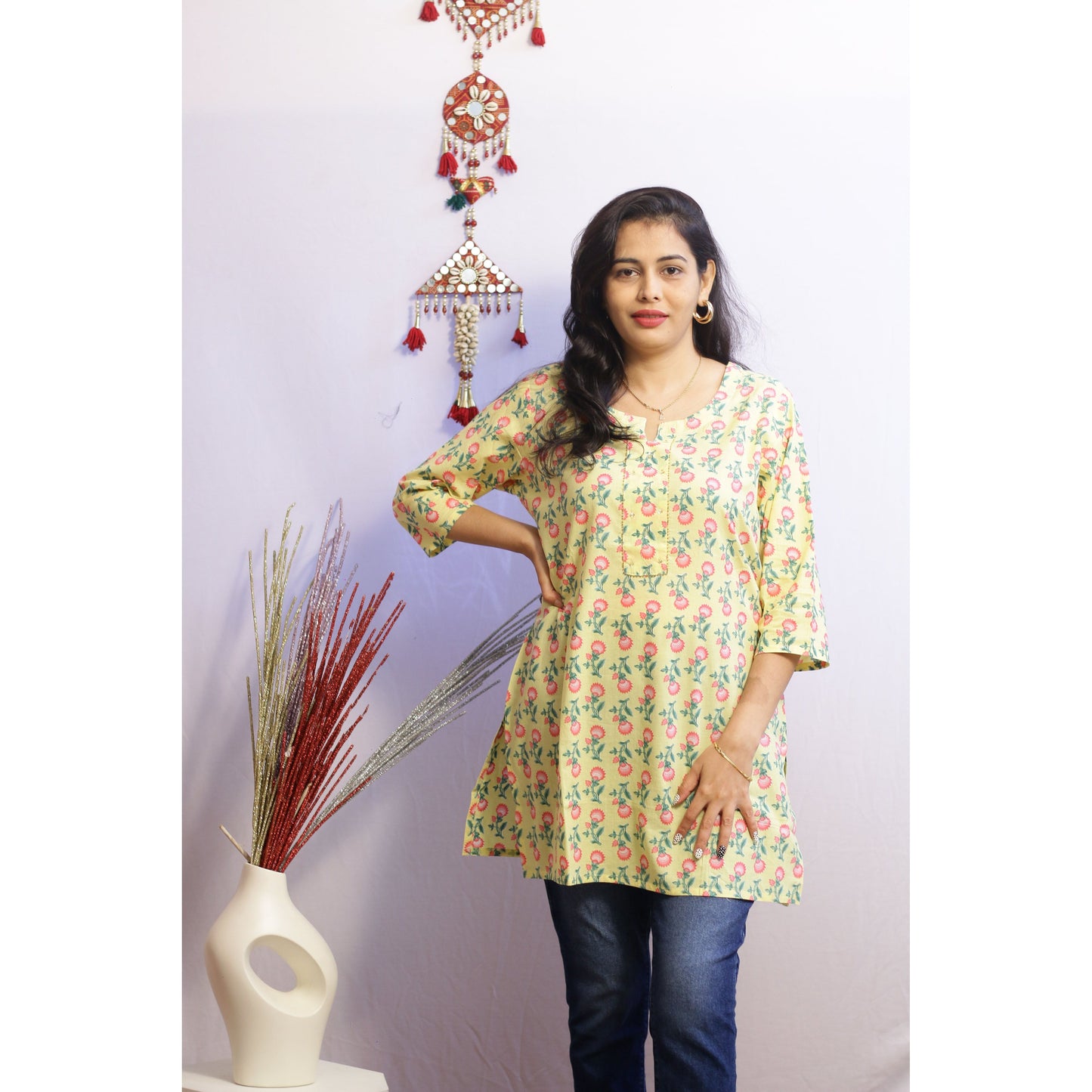 Yellow Short Embroidered Kurti