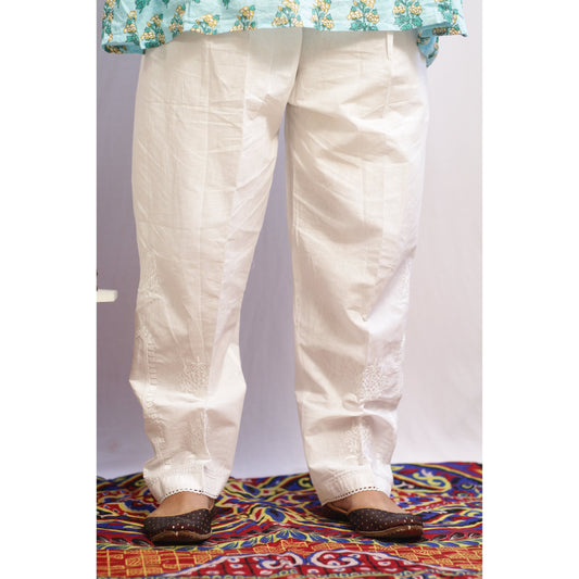 Embroidered White Chikan and Lace Pant