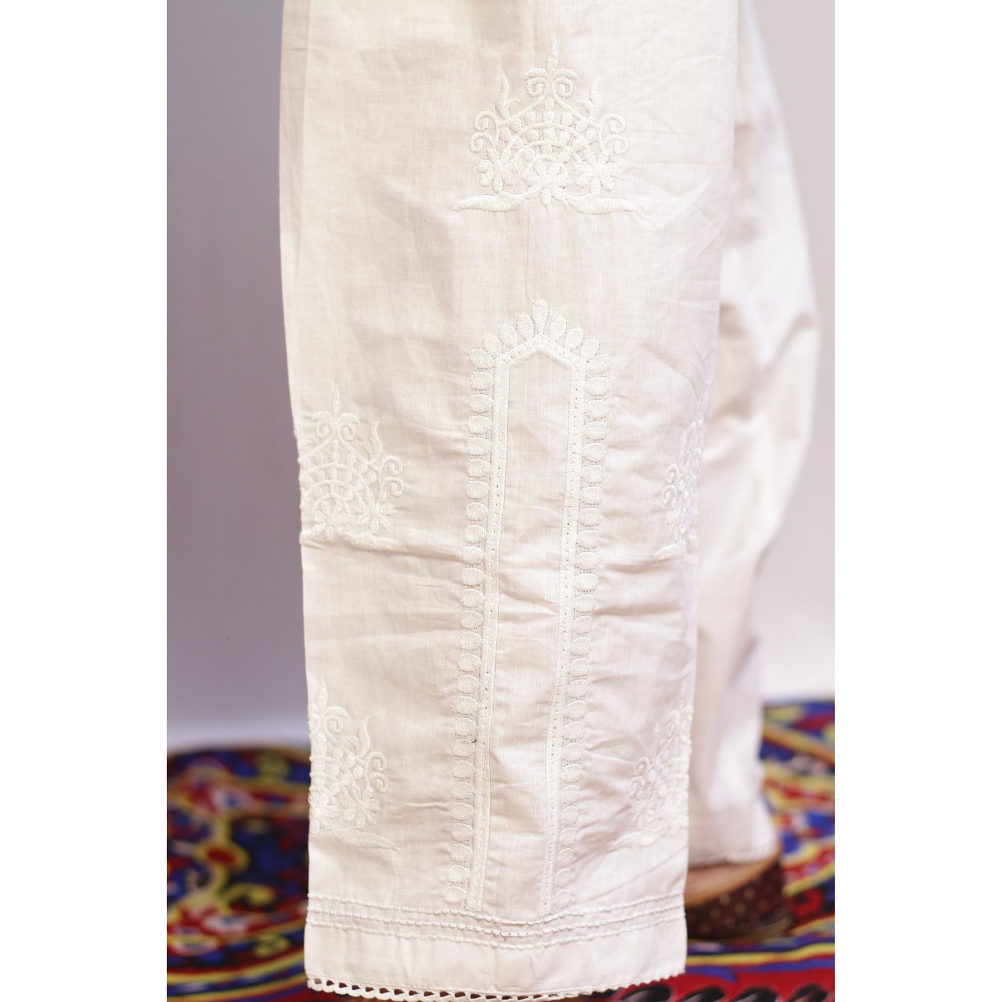 Embroidered White Chikan and Lace Pant