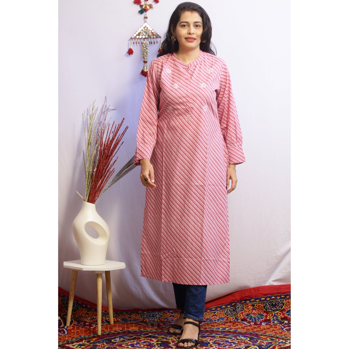 Pink Stripped Embroidered Kurti