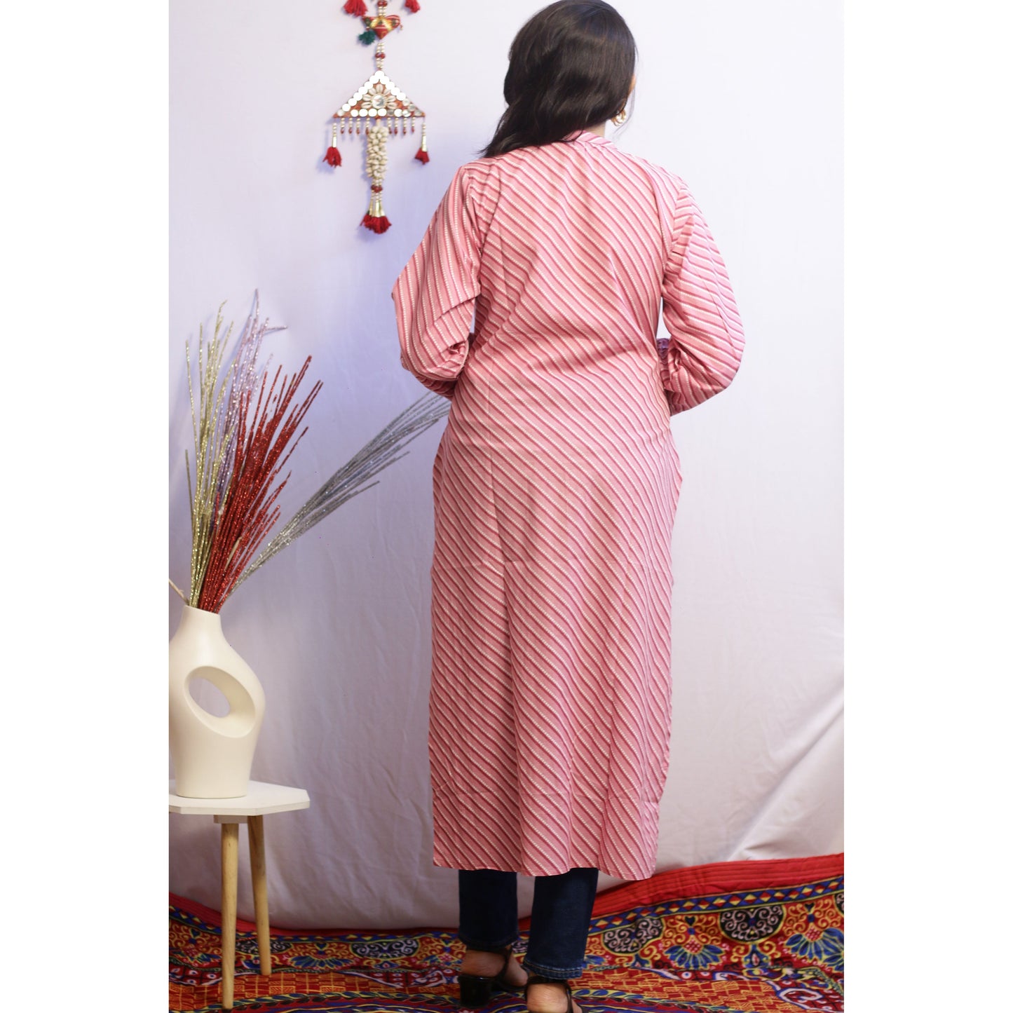 Pink Stripped Embroidered Kurti