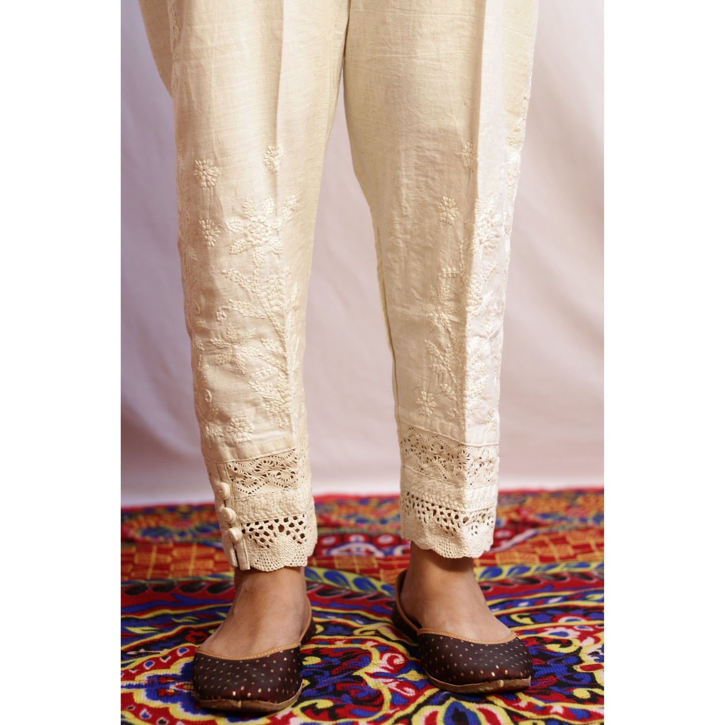 Embroidered Beige 3 Button Pant