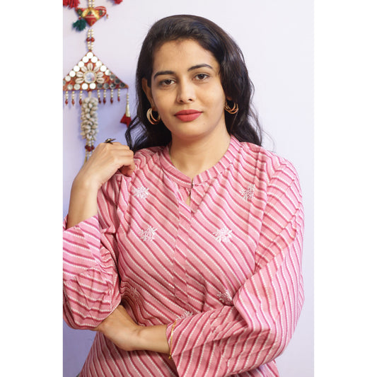 Pink Stripped Embroidered Kurti
