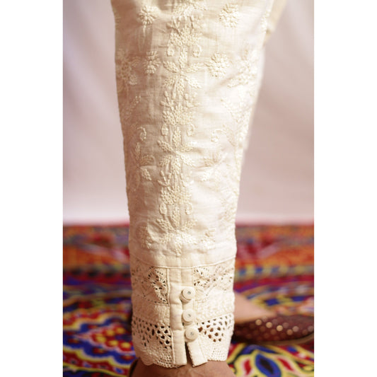 Embroidered Beige 3 Button Pant