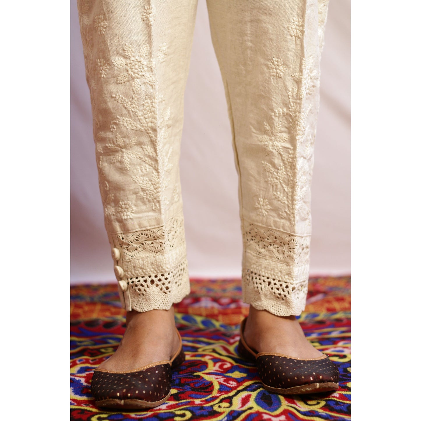 Embroidered Beige 3 Button Pant