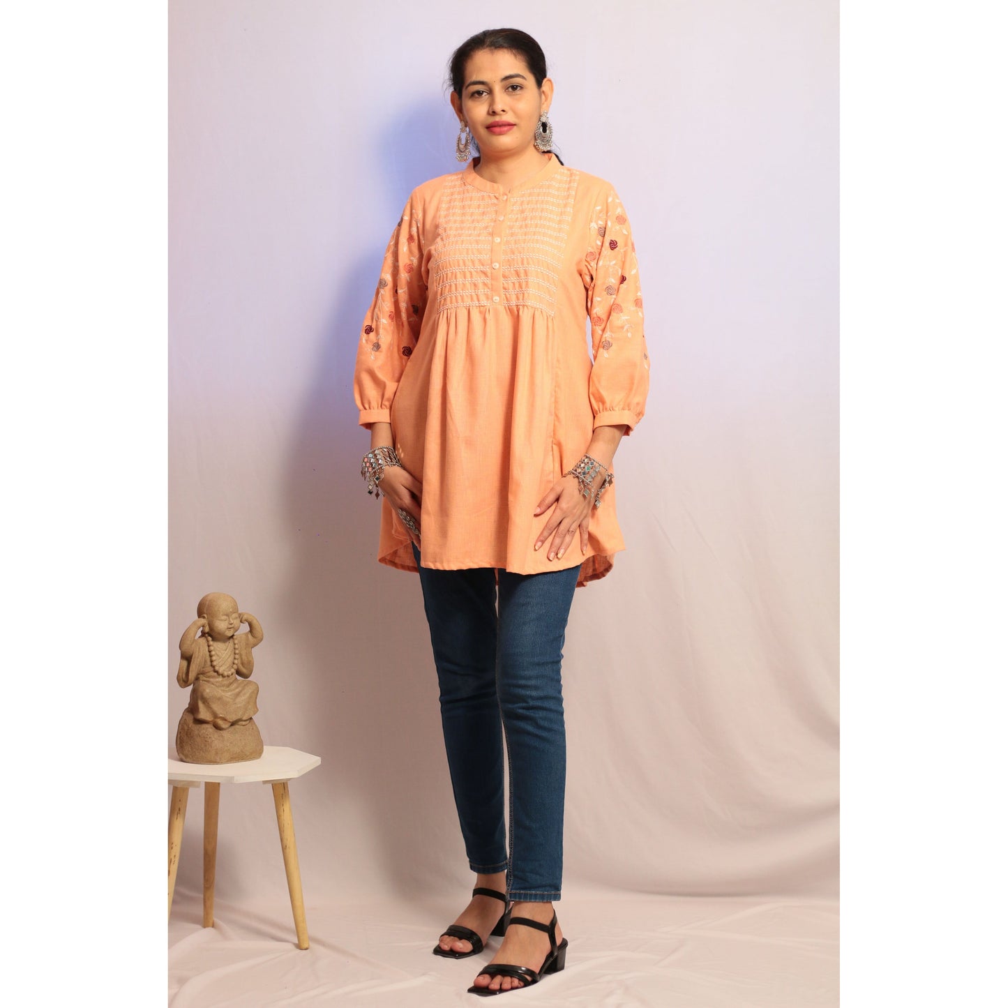 Peach Embroidered Short Kurti
