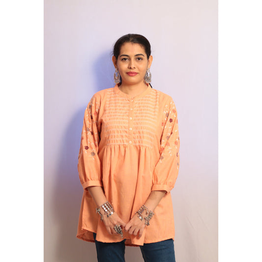 Peach Embroidered Short Kurti