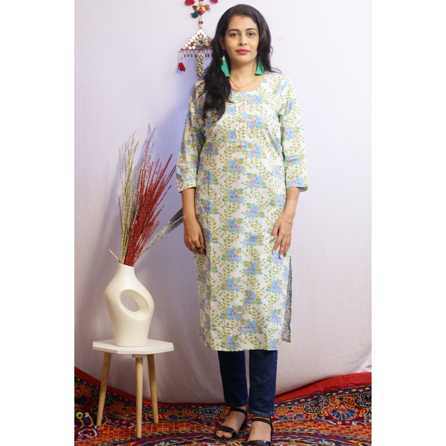 Green Floral Embroidered Kurti
