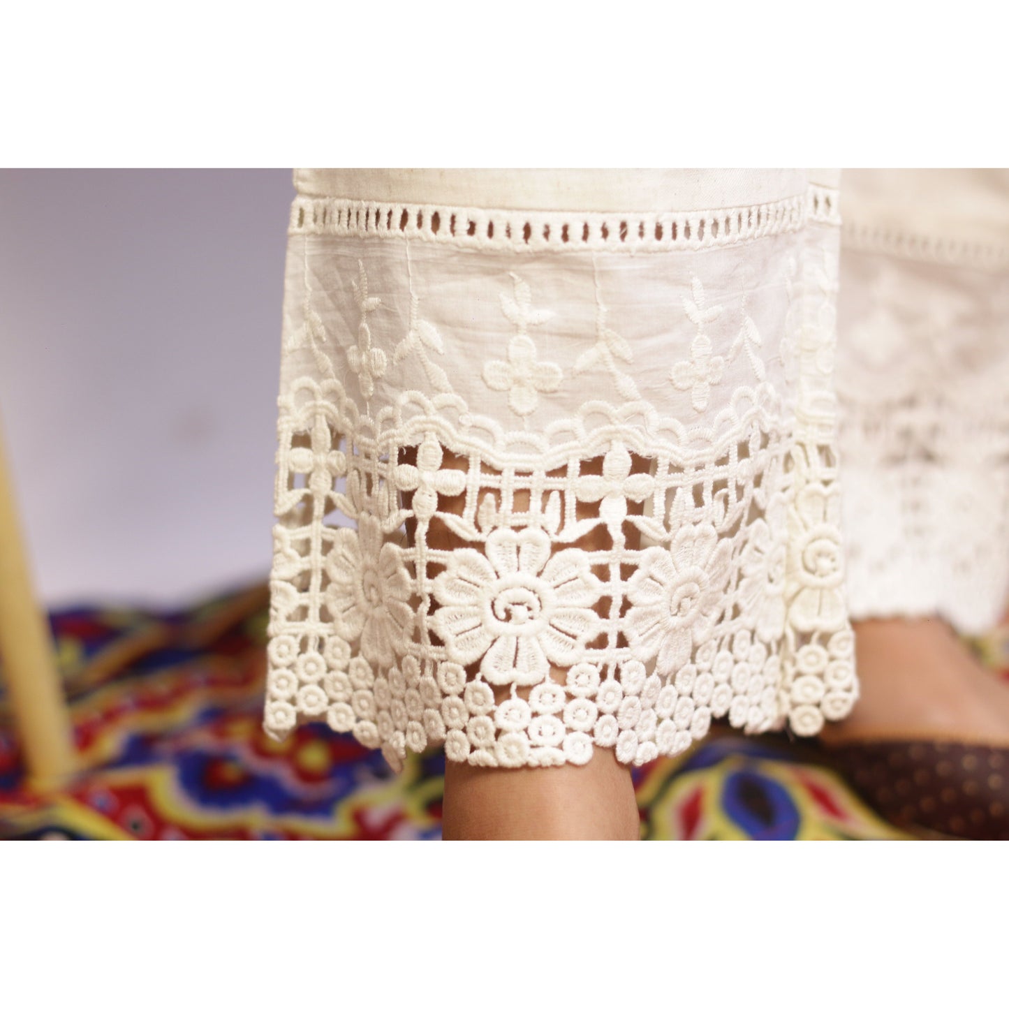 Embroidered Beige Cut Work Pant