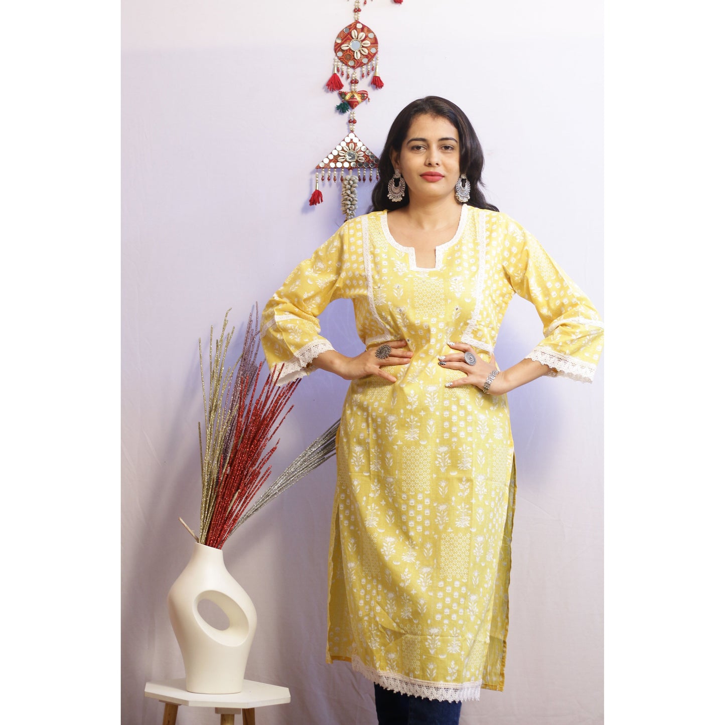 Yellow Embroidered Kurti