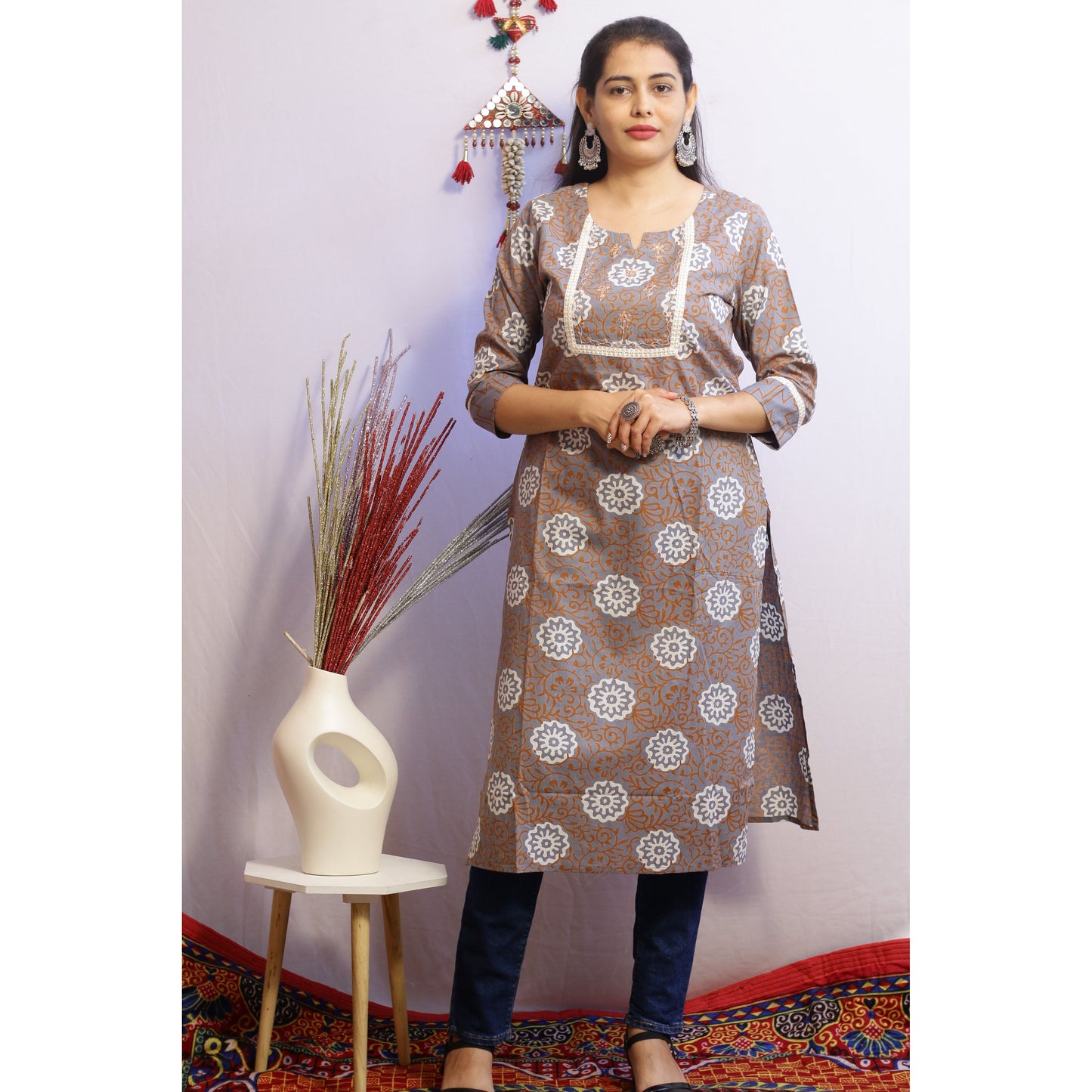 Brown Grey Embroidered Kurti