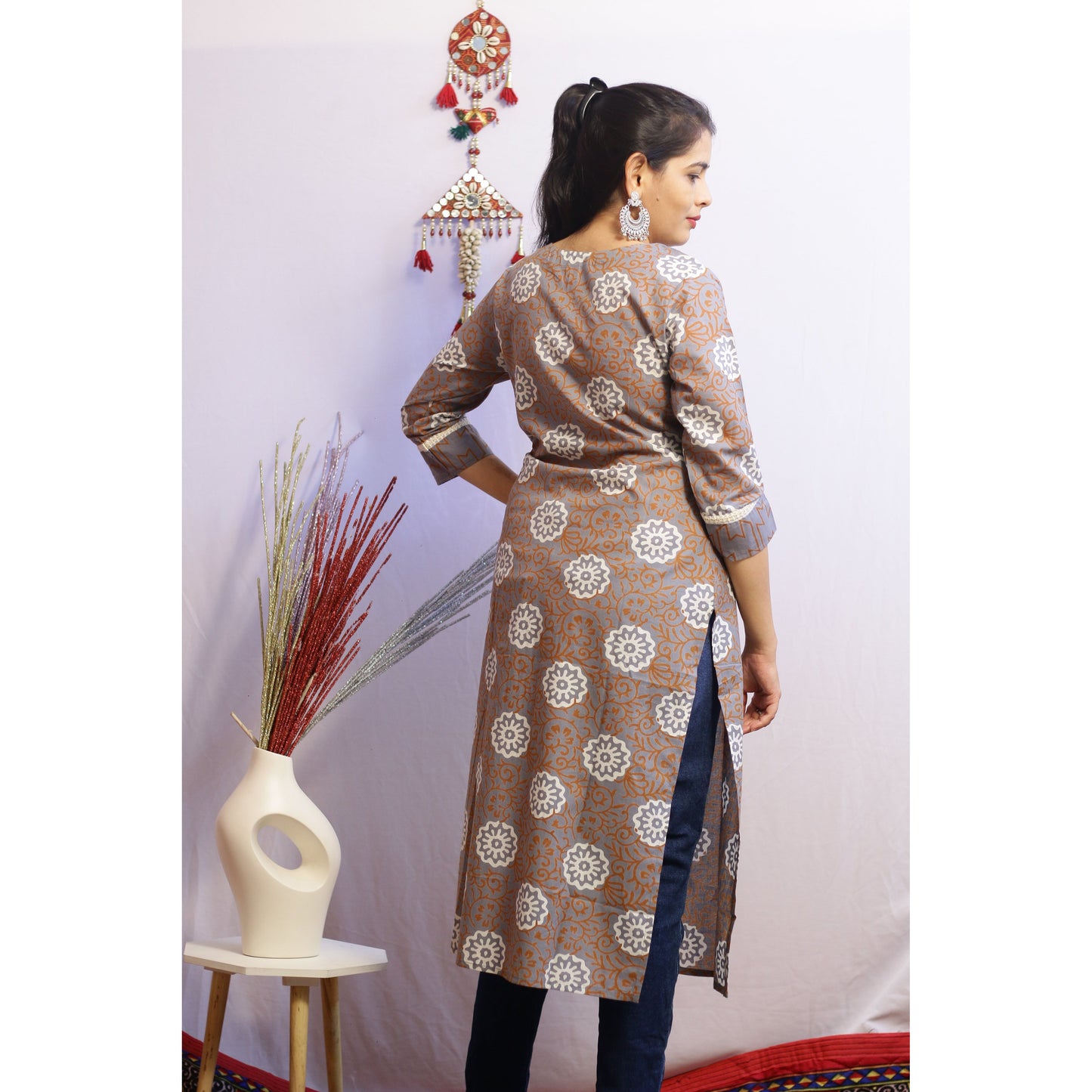Brown Grey Embroidered Kurti
