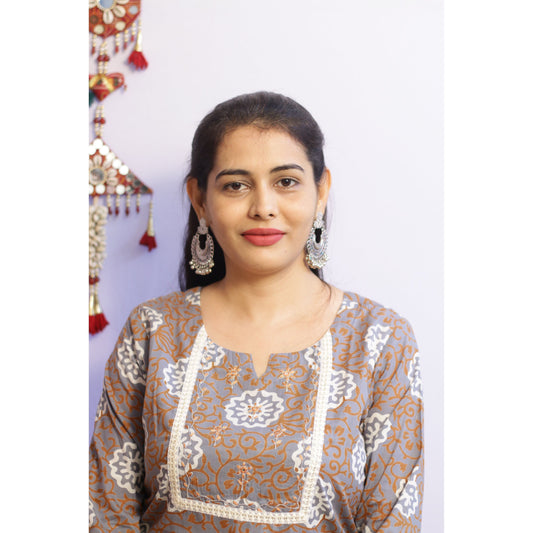 Brown Grey Embroidered Kurti