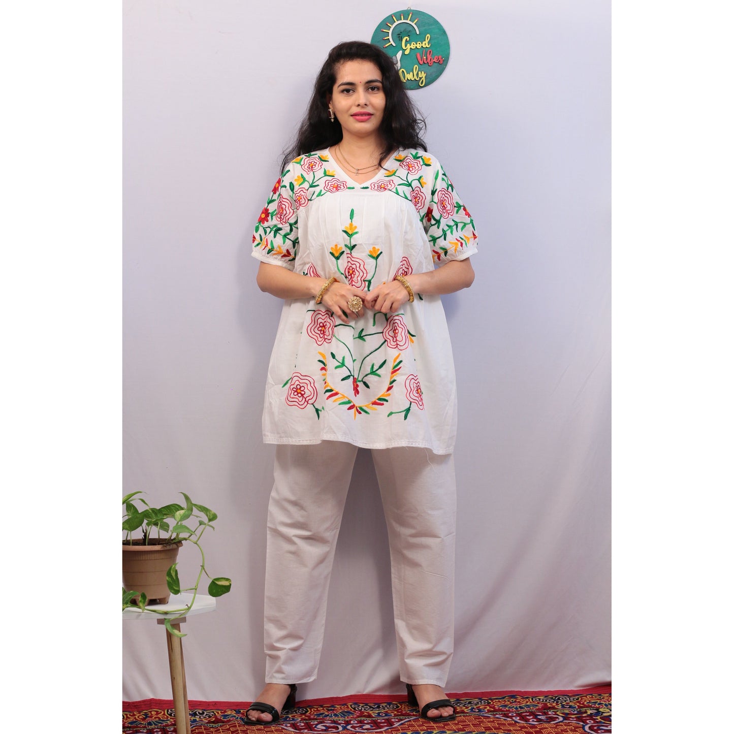 White and Multicolor embroidered Cord set