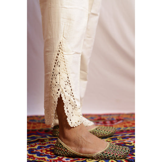 Beige V-cut Lace Work Pant