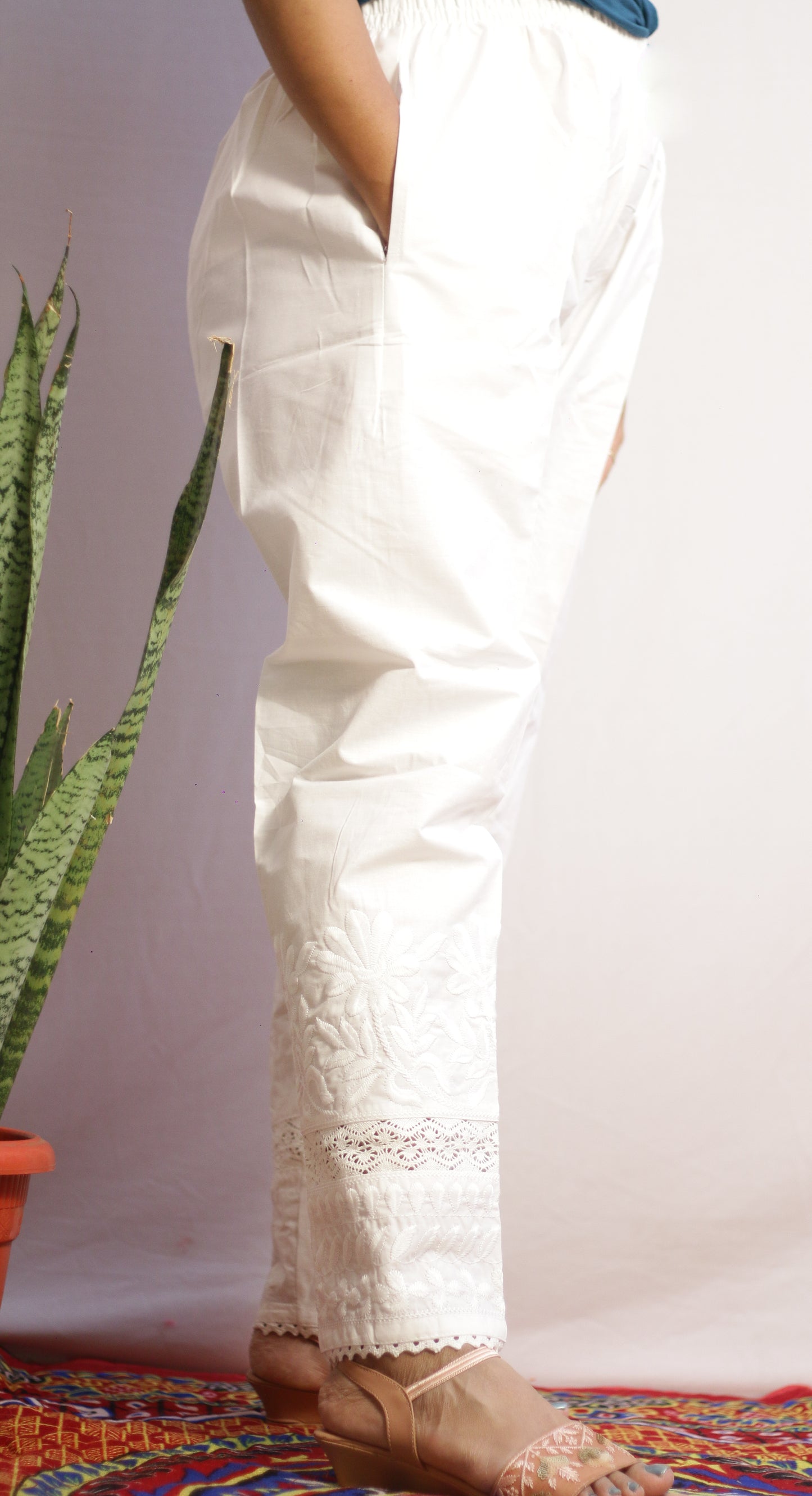 White Lace Embroidered Pant