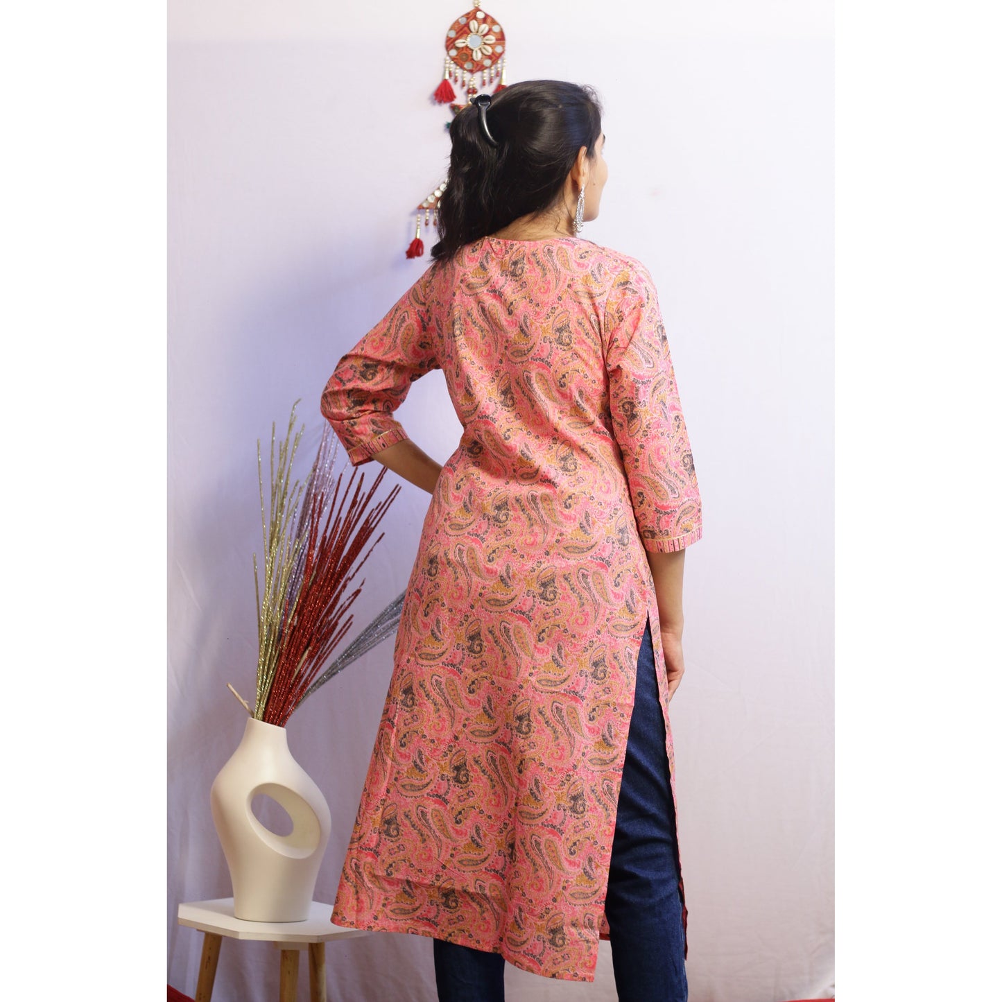 Pink Floral Embroidered Kurti