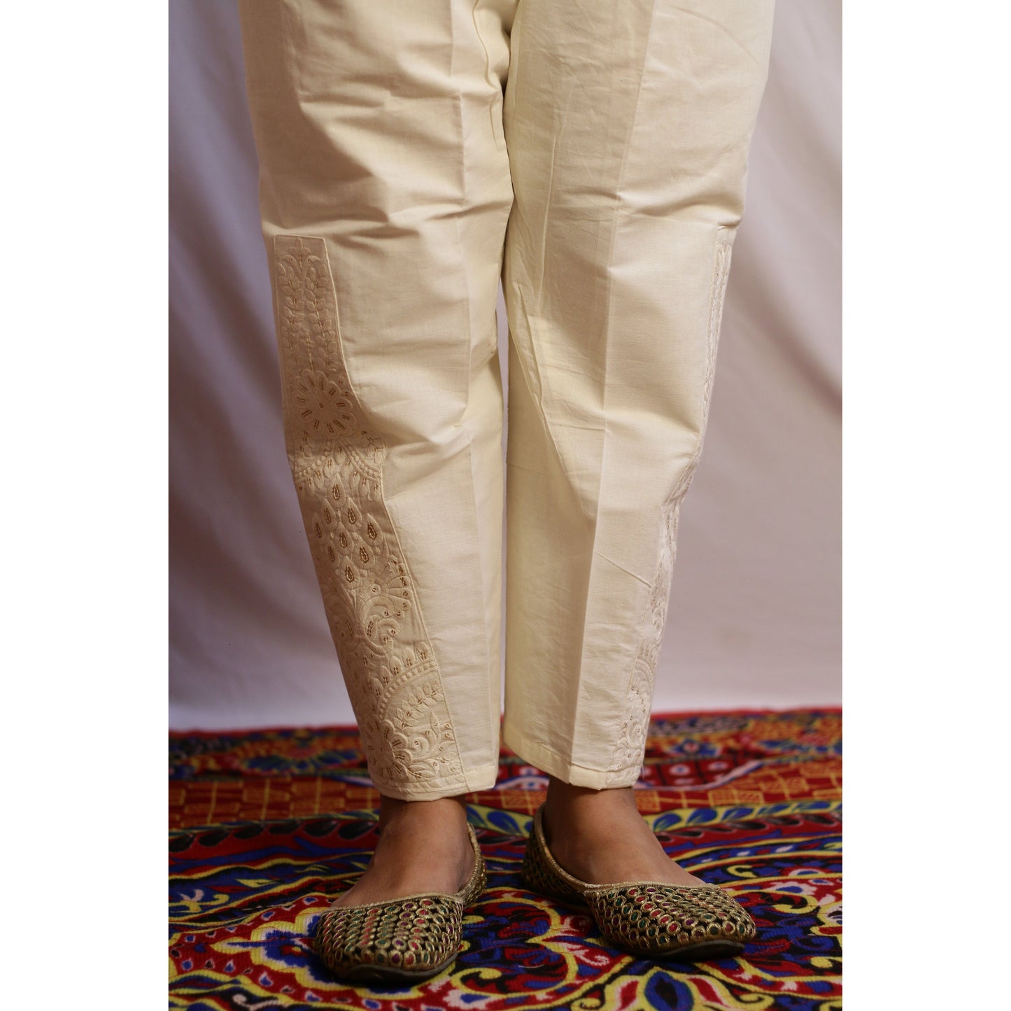 Beige Embroidered Pant with Lining