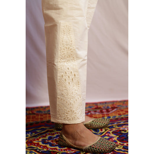 Beige Embroidered Pant with Lining