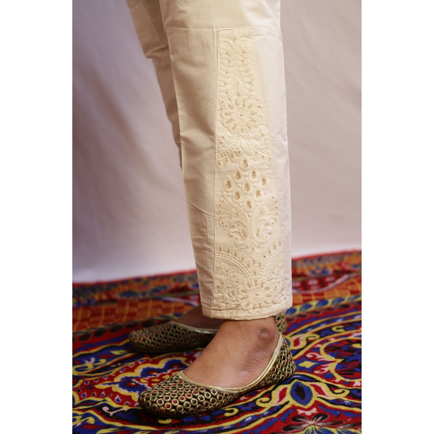 Beige Embroidered Pant with Lining