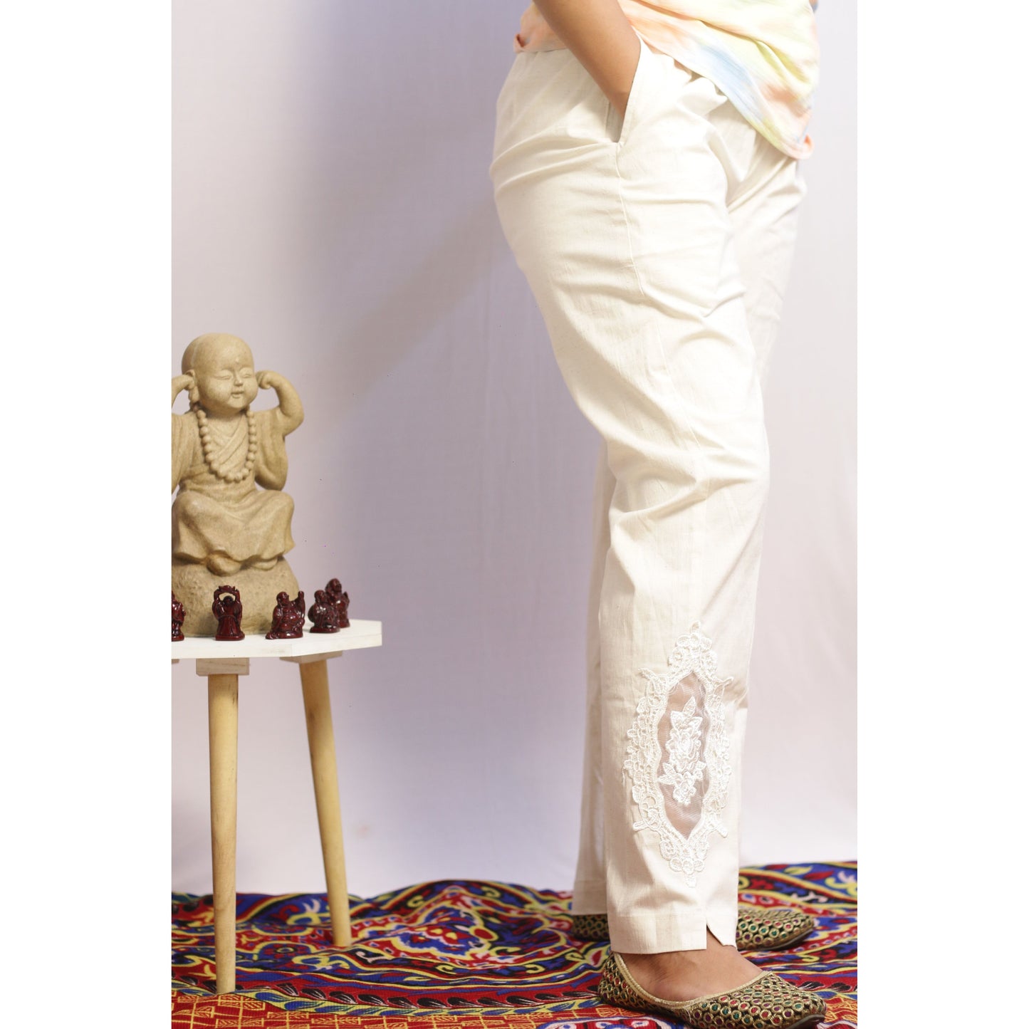 Embroidered and Net Beige Pant