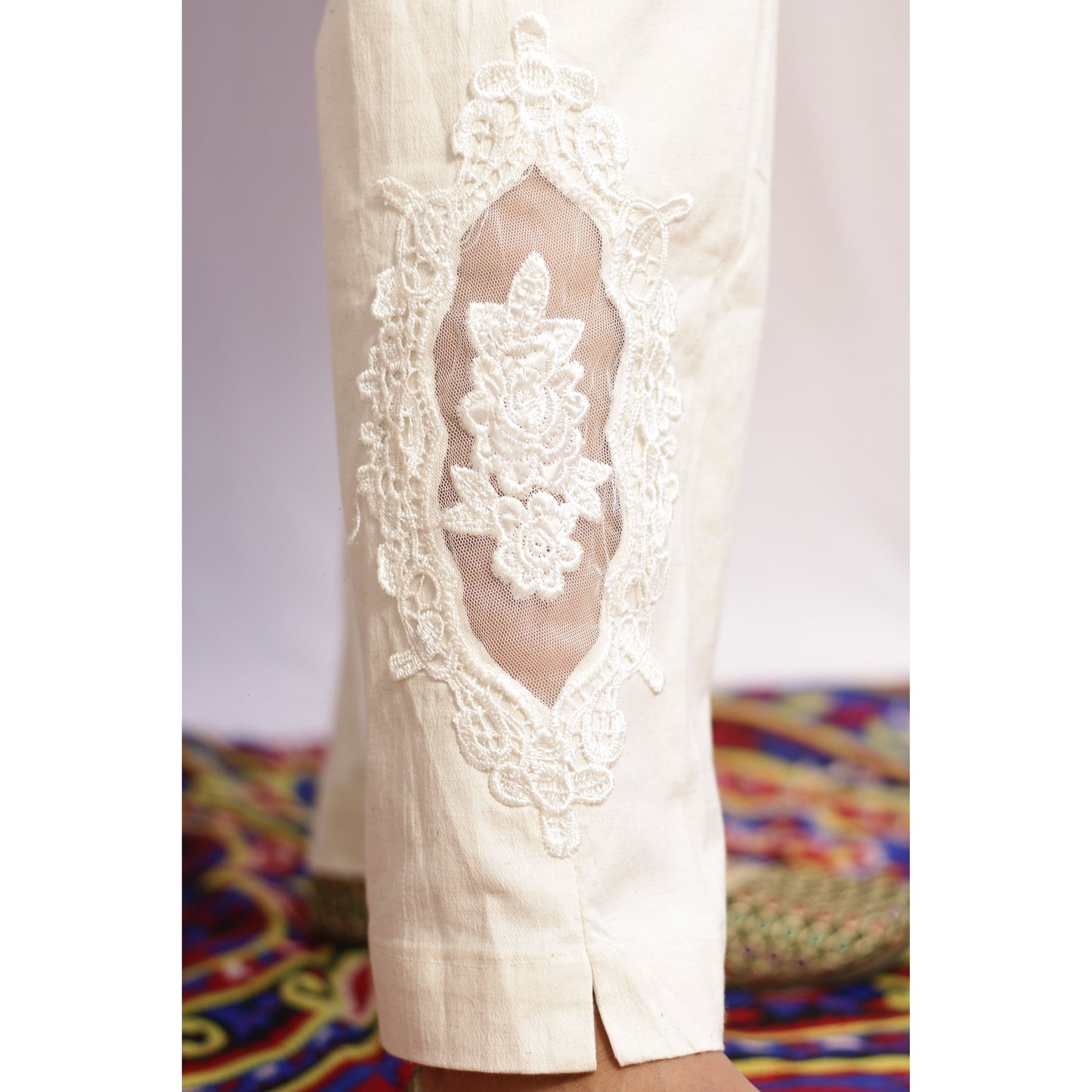 Embroidered and Net Beige Pant