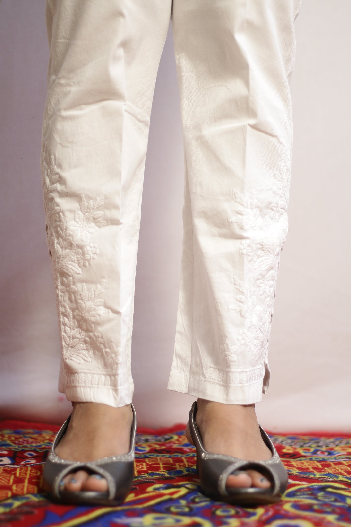 White Side Cut Embroidered Pant