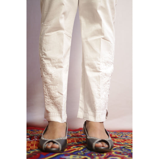 White Side Cut Embroidered Pant