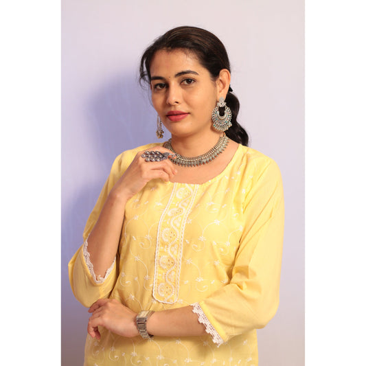 Light Yellow Embroidered Kurti