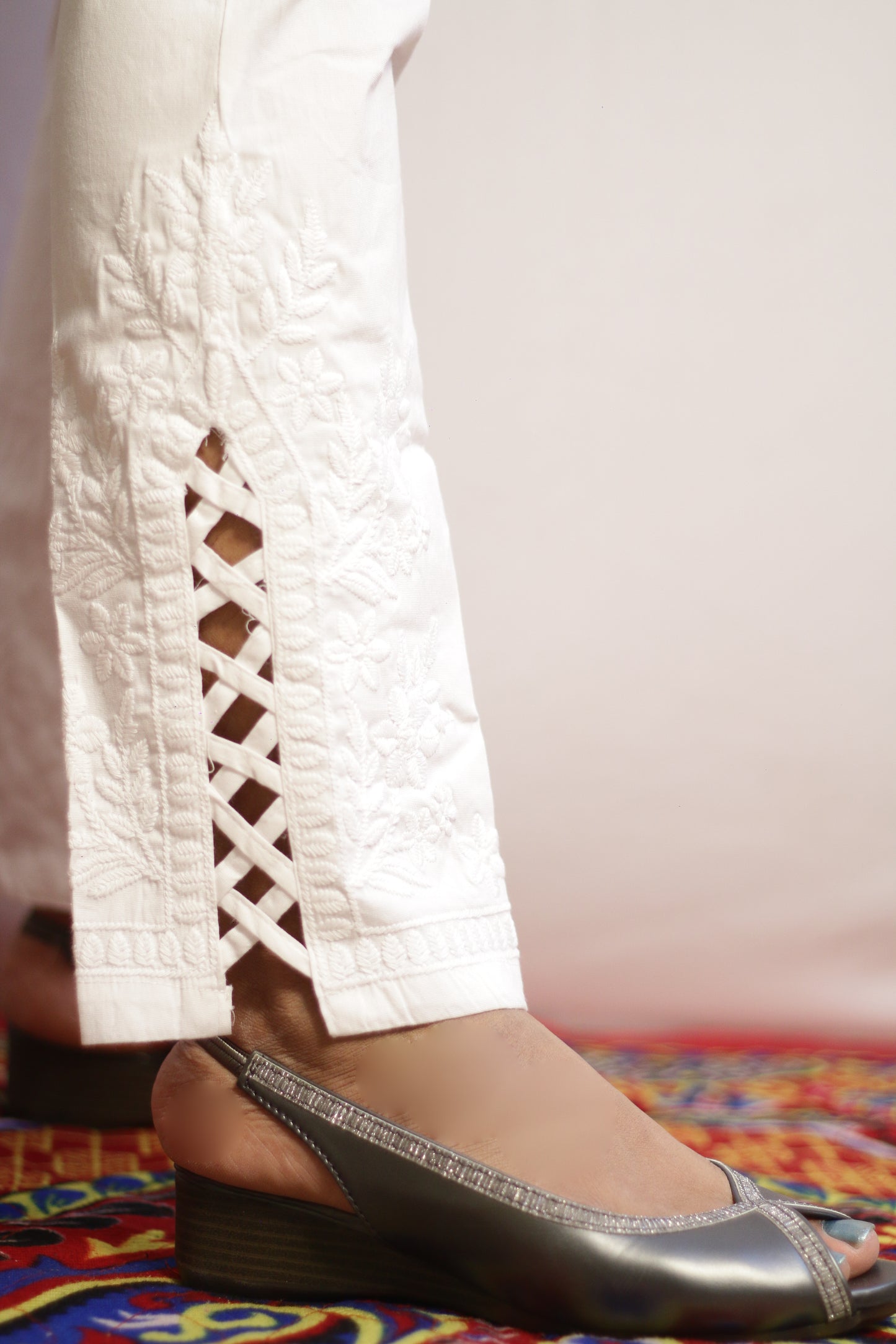White Side Cut Embroidered Pant