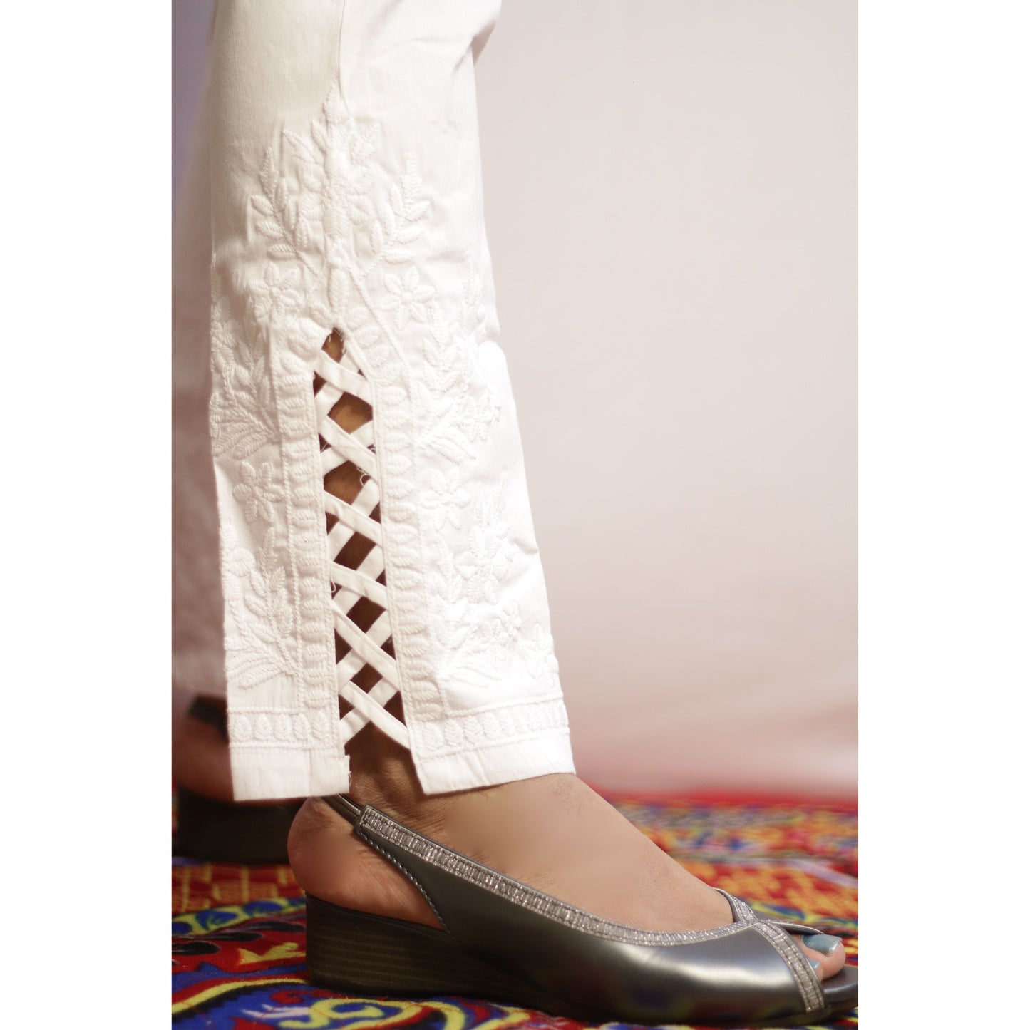 White Side Cut Embroidered Pant