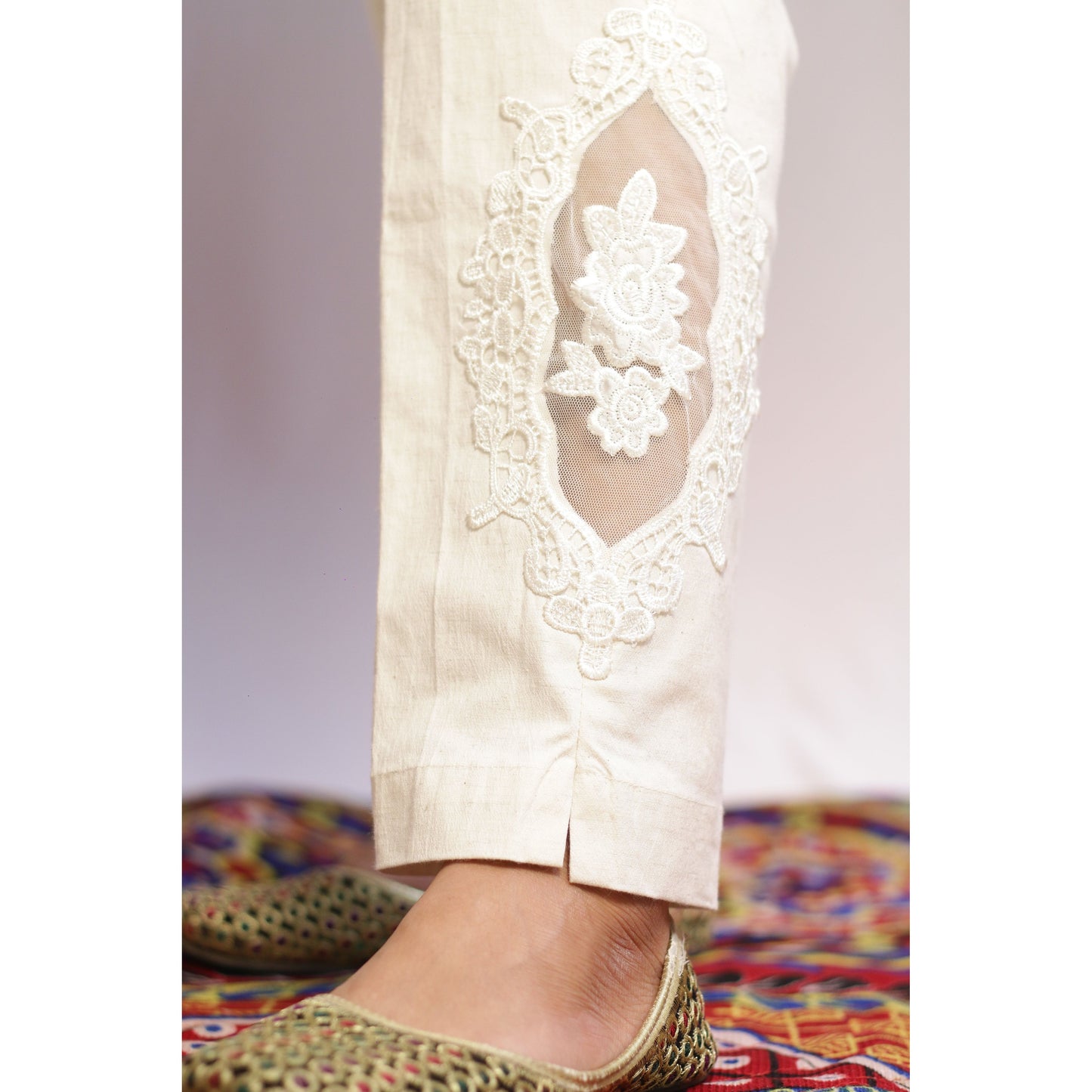 Embroidered and Net Beige Pant