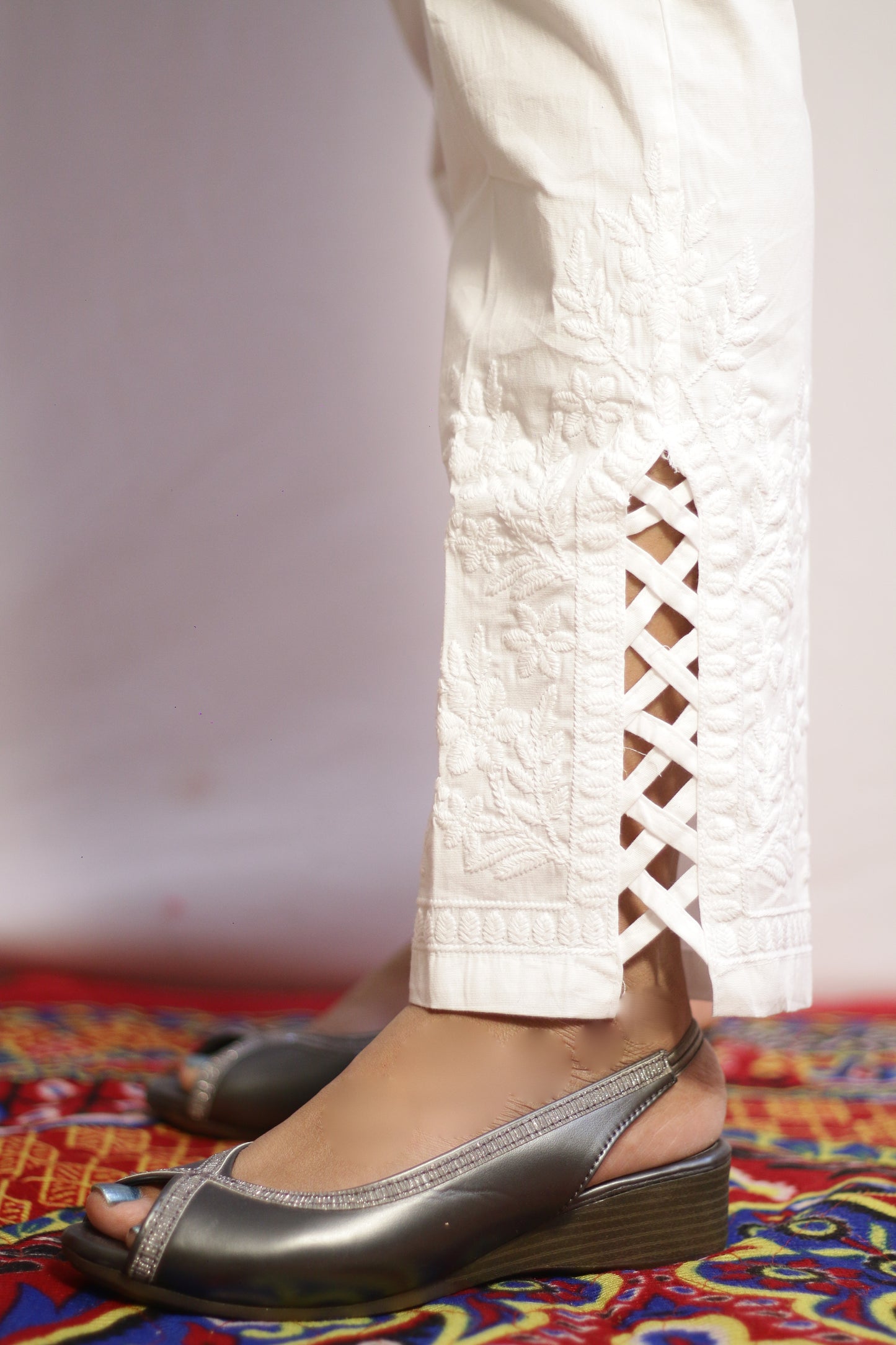 White Side Cut Embroidered Pant