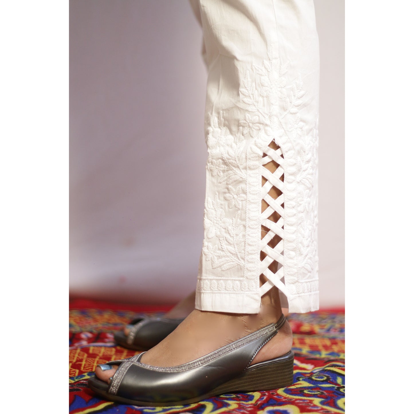 White Side Cut Embroidered Pant