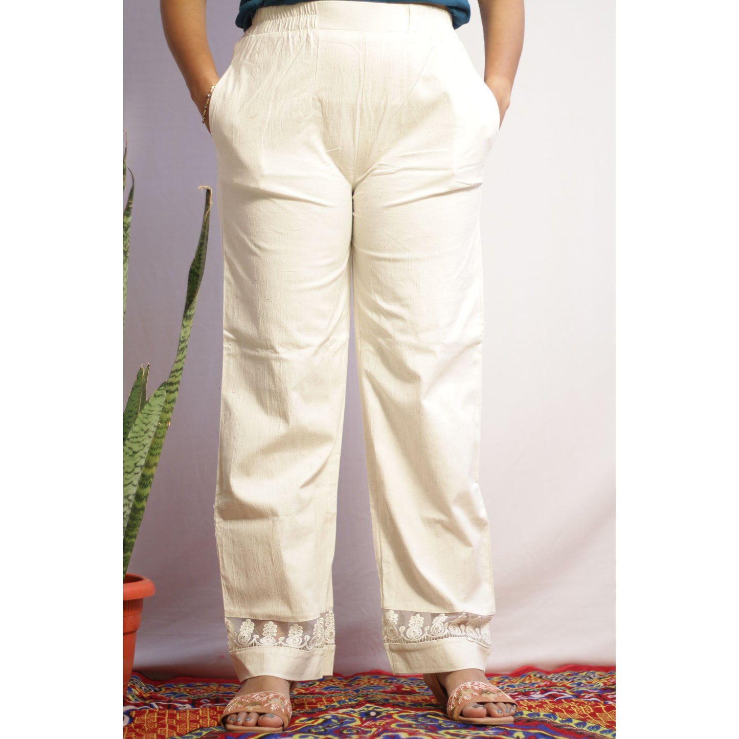 Beige Two Pocket Embroidered Pant