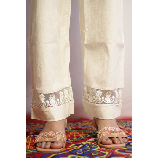 Beige Two Pocket Embroidered Pant