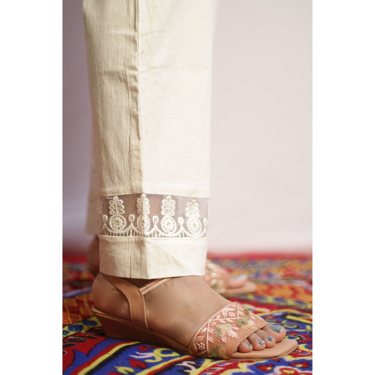 Beige Two Pocket Embroidered Pant