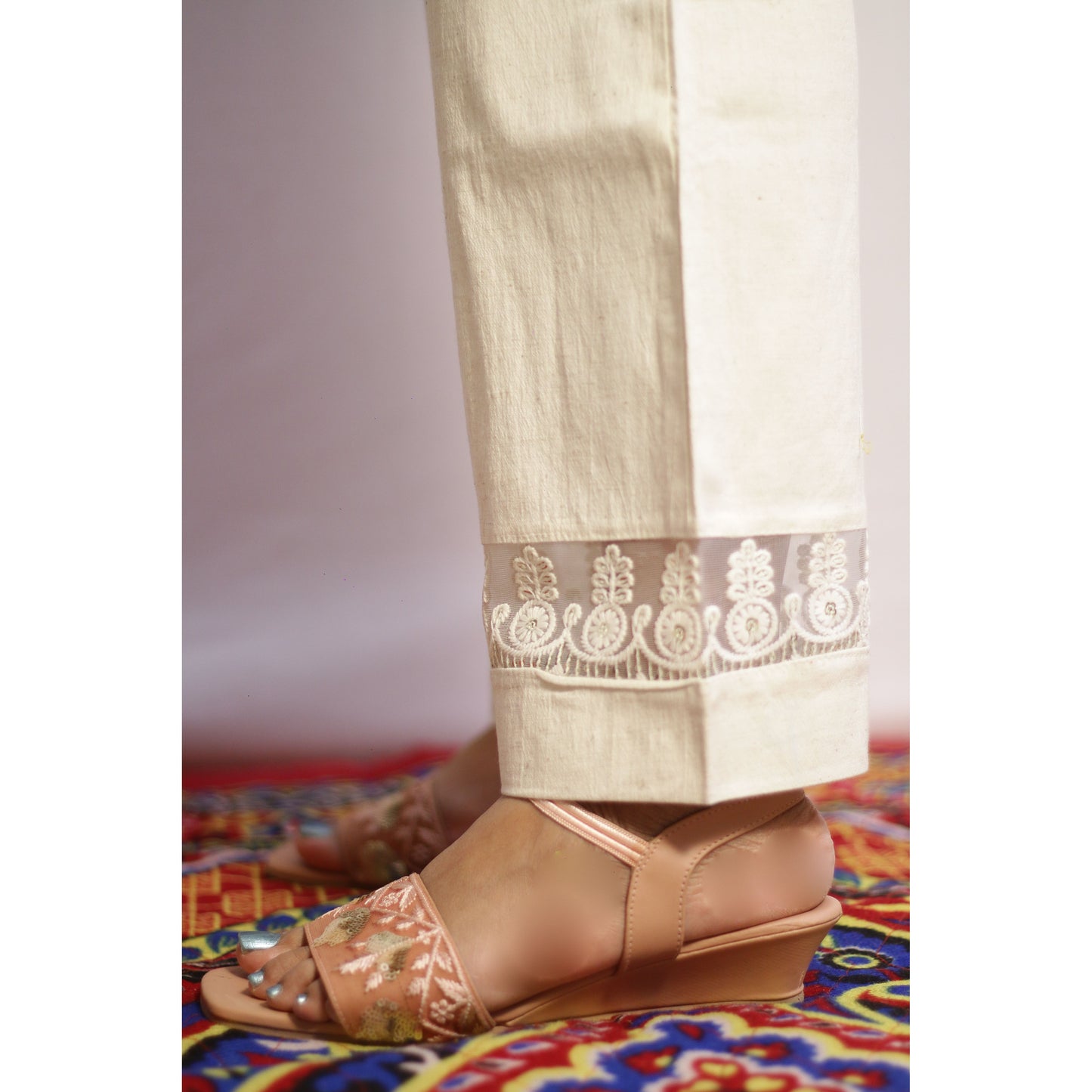 Beige Two Pocket Embroidered Pant