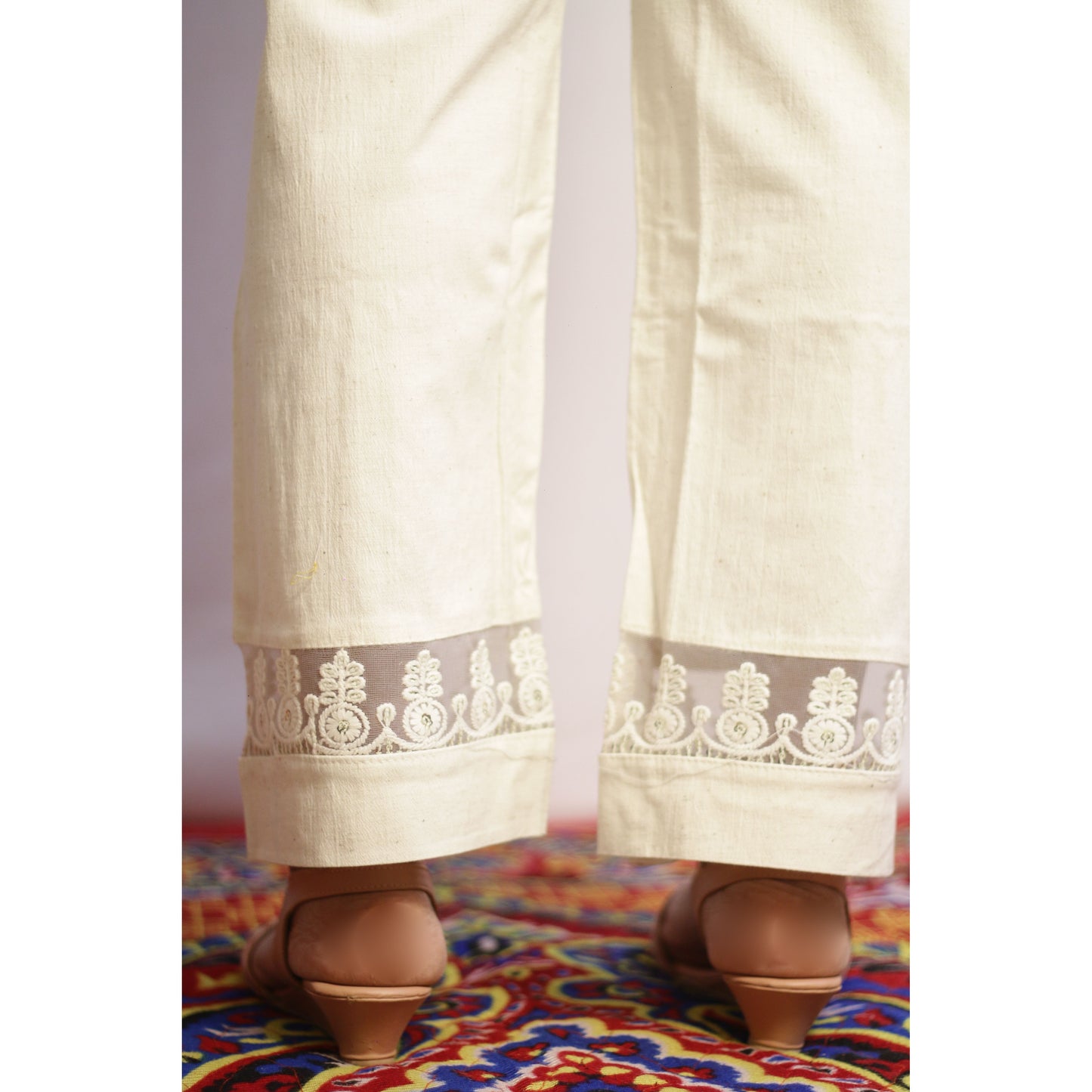Beige Two Pocket Embroidered Pant