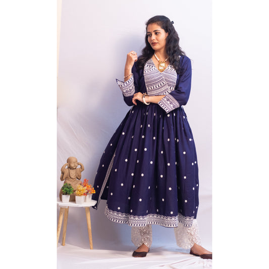 Rakhi Navy Blue Lukhnowi Suit Set