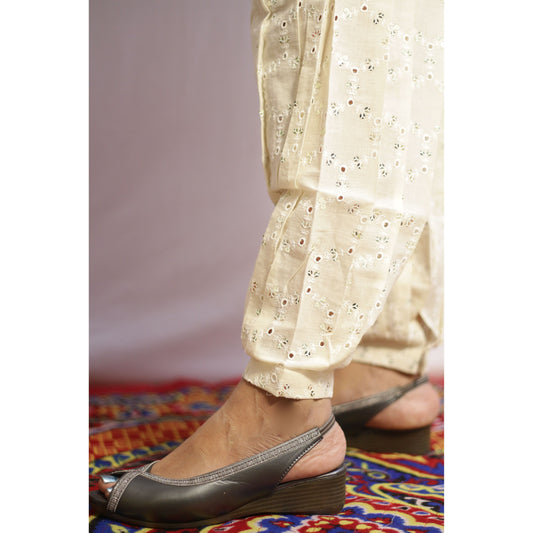 Beige All Over Embroidered Afghani Pant