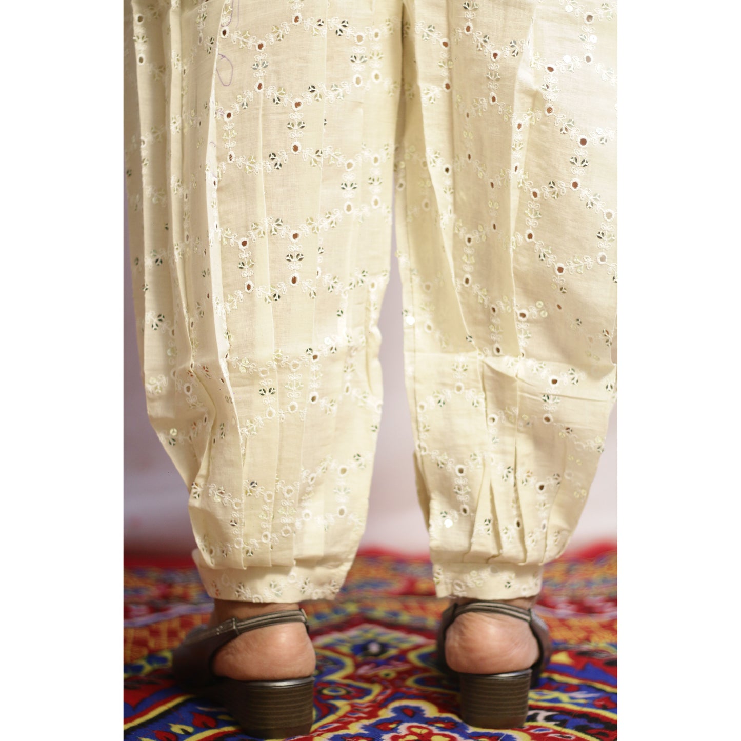 Beige All Over Embroidered Afghani Pant