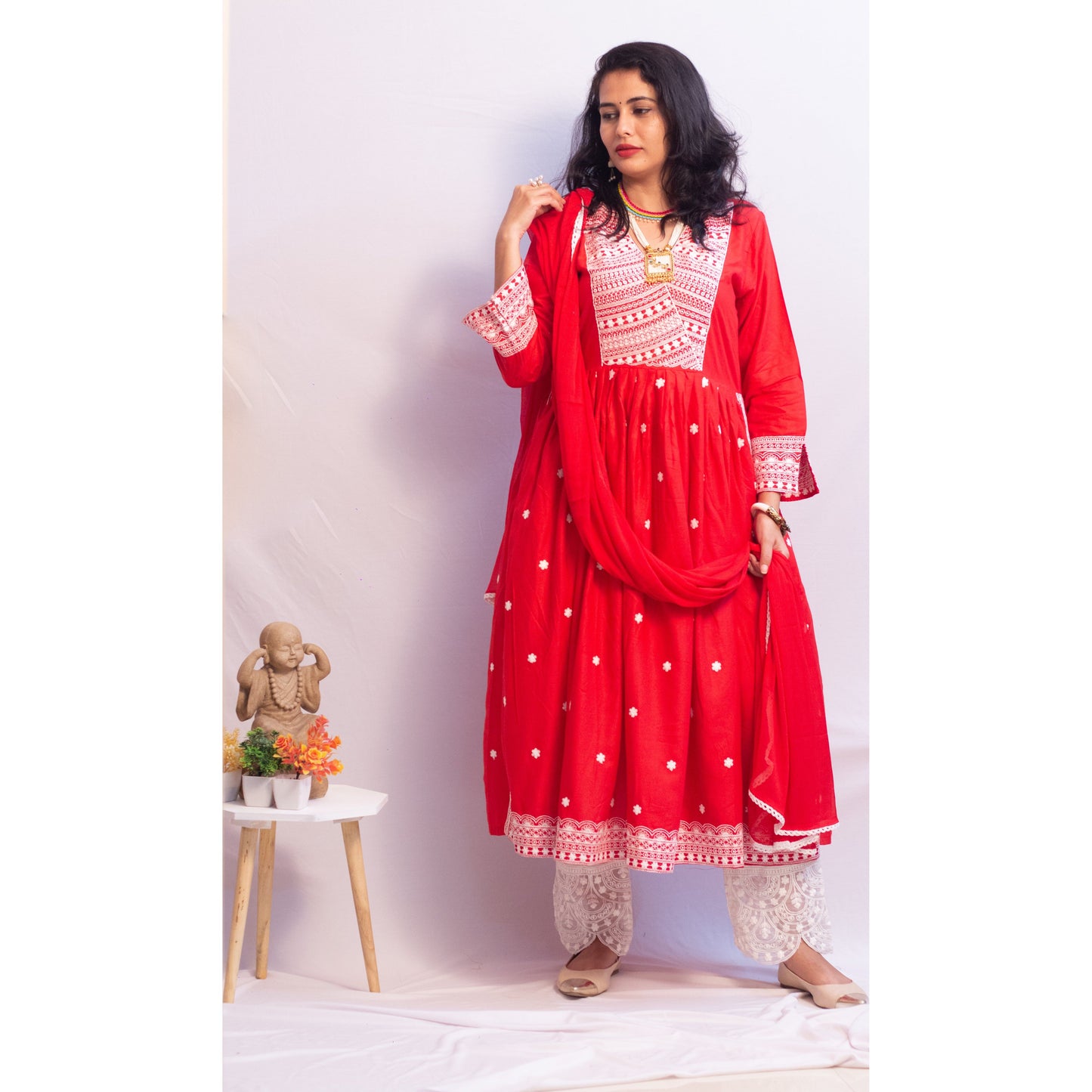 Rakhi Red Lukhnowi Suit Set