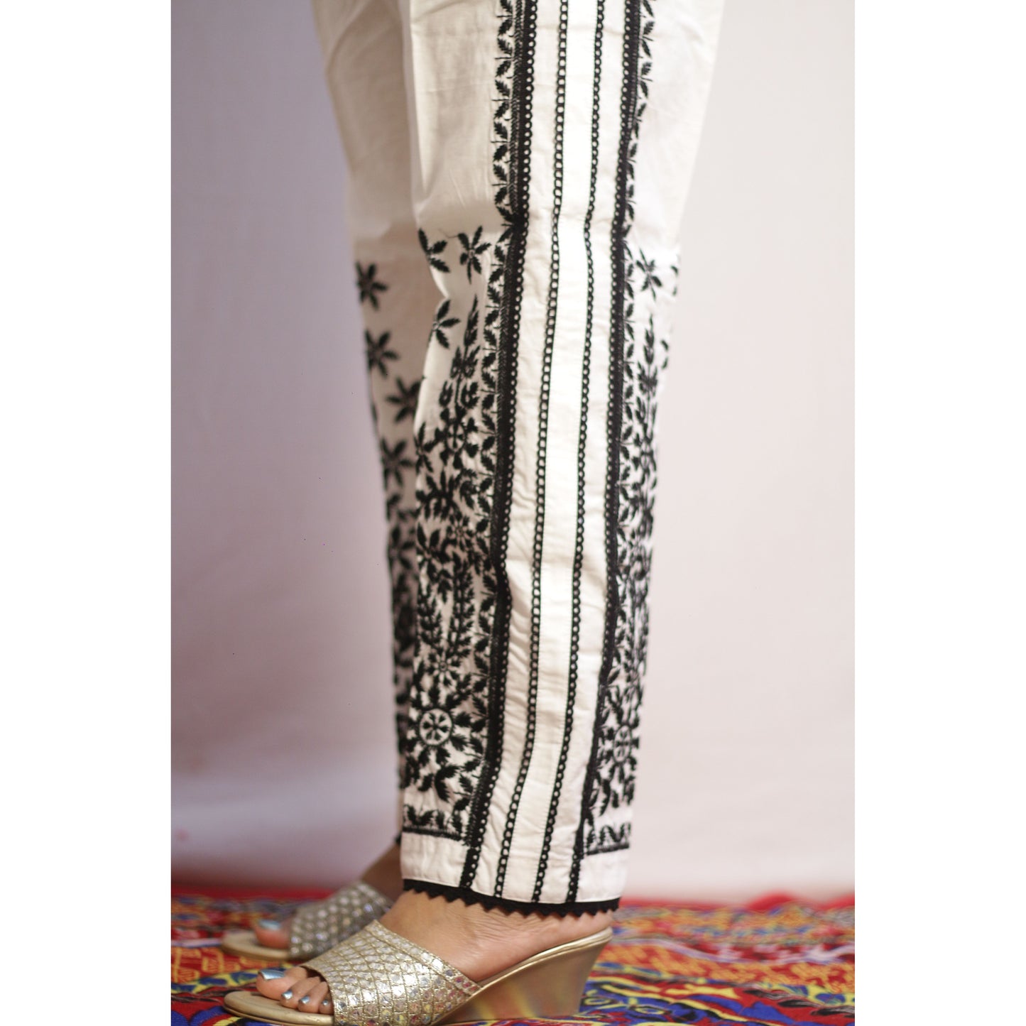 White Four Lace Embroidered Pant