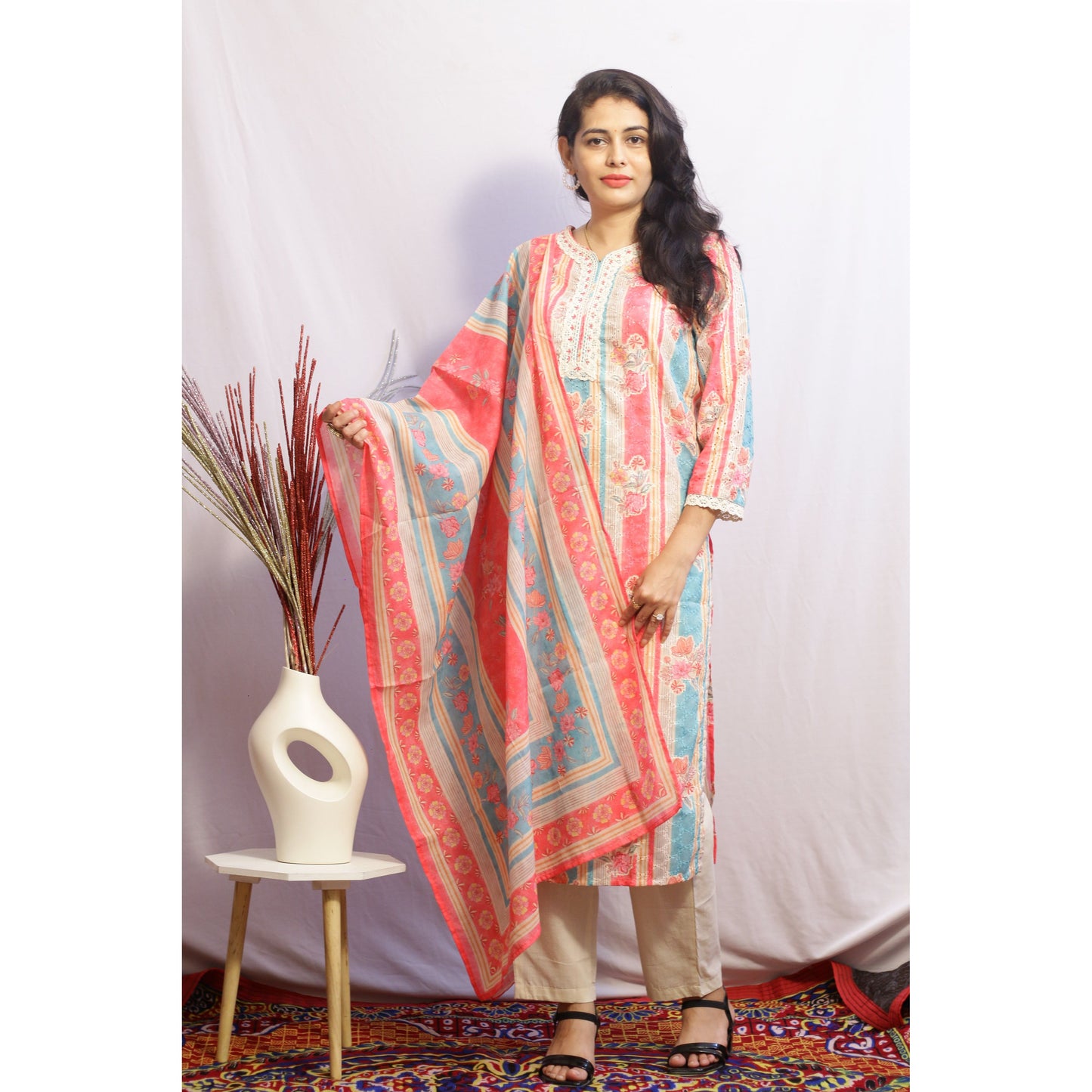 Beige Pink & Blue Suit Set