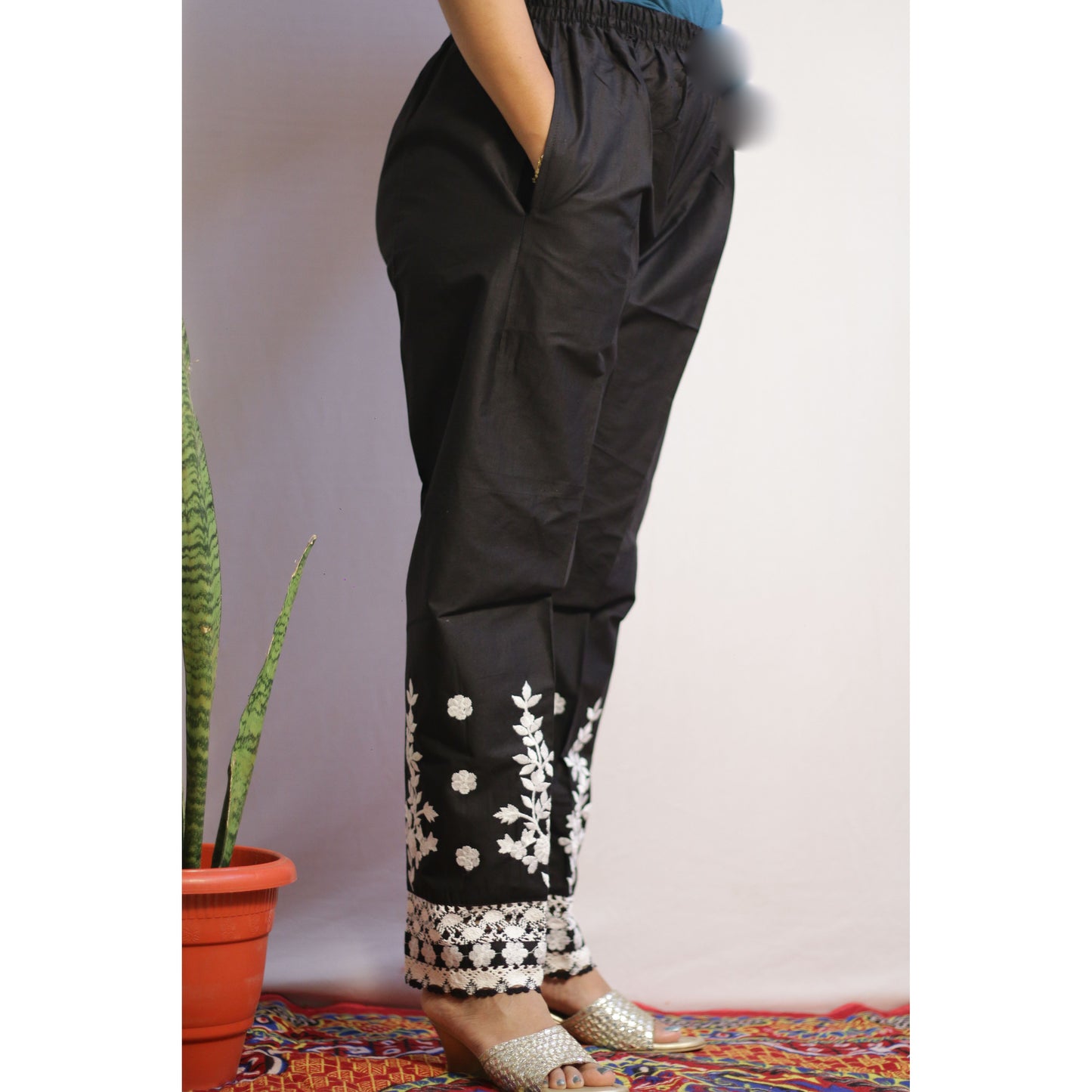 White On Black Embroidered Pant